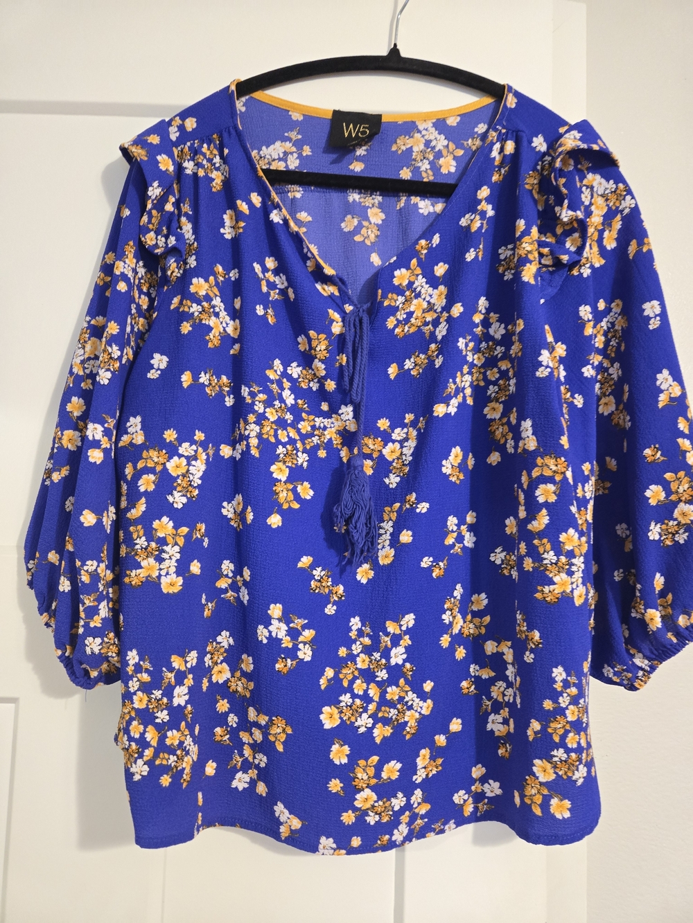 W5 Royal Blue Floral Tie-Neck Peasant Blouse